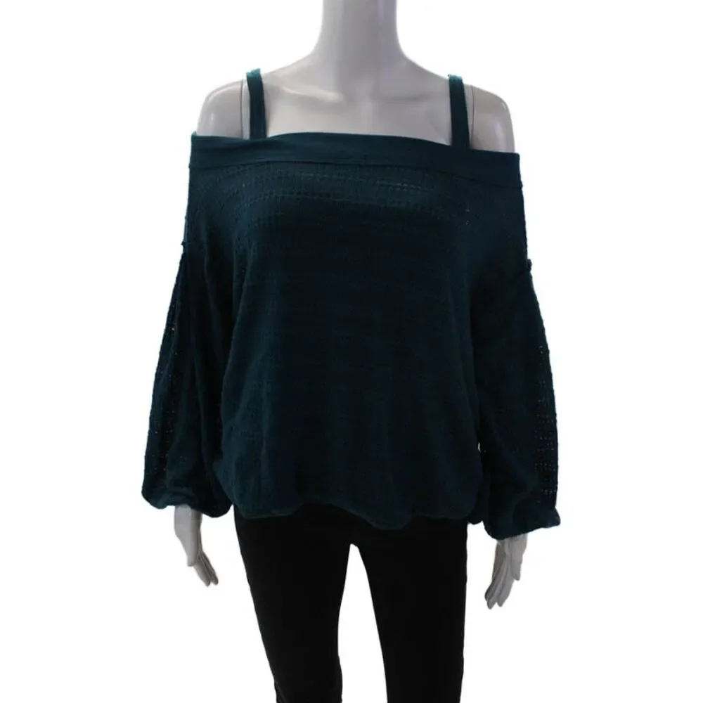 Free People Womens 3/4 Sleeve Cold Shoulder Open Knit Sweater Blue Size Medium
